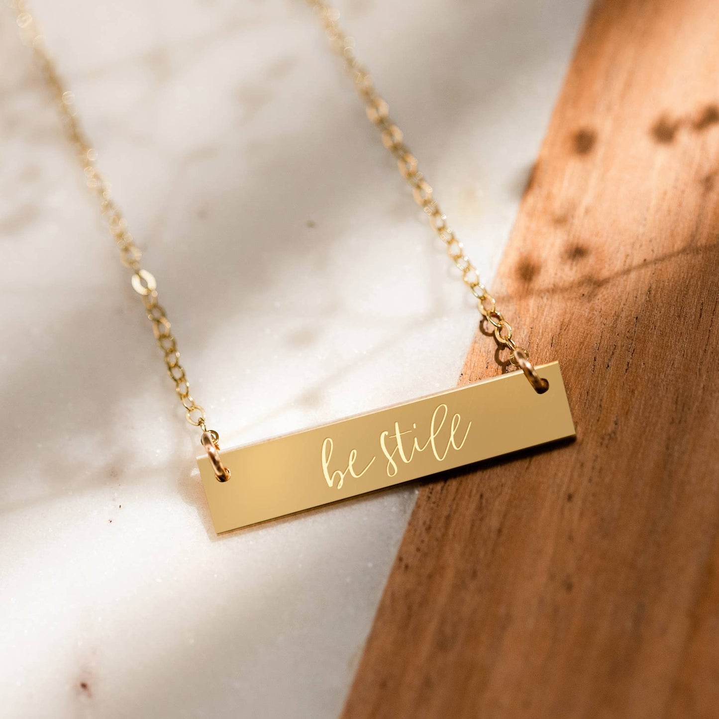 Be Still Scripture Bible Gold Filled Bar Necklace - Natalia Naomi Brand