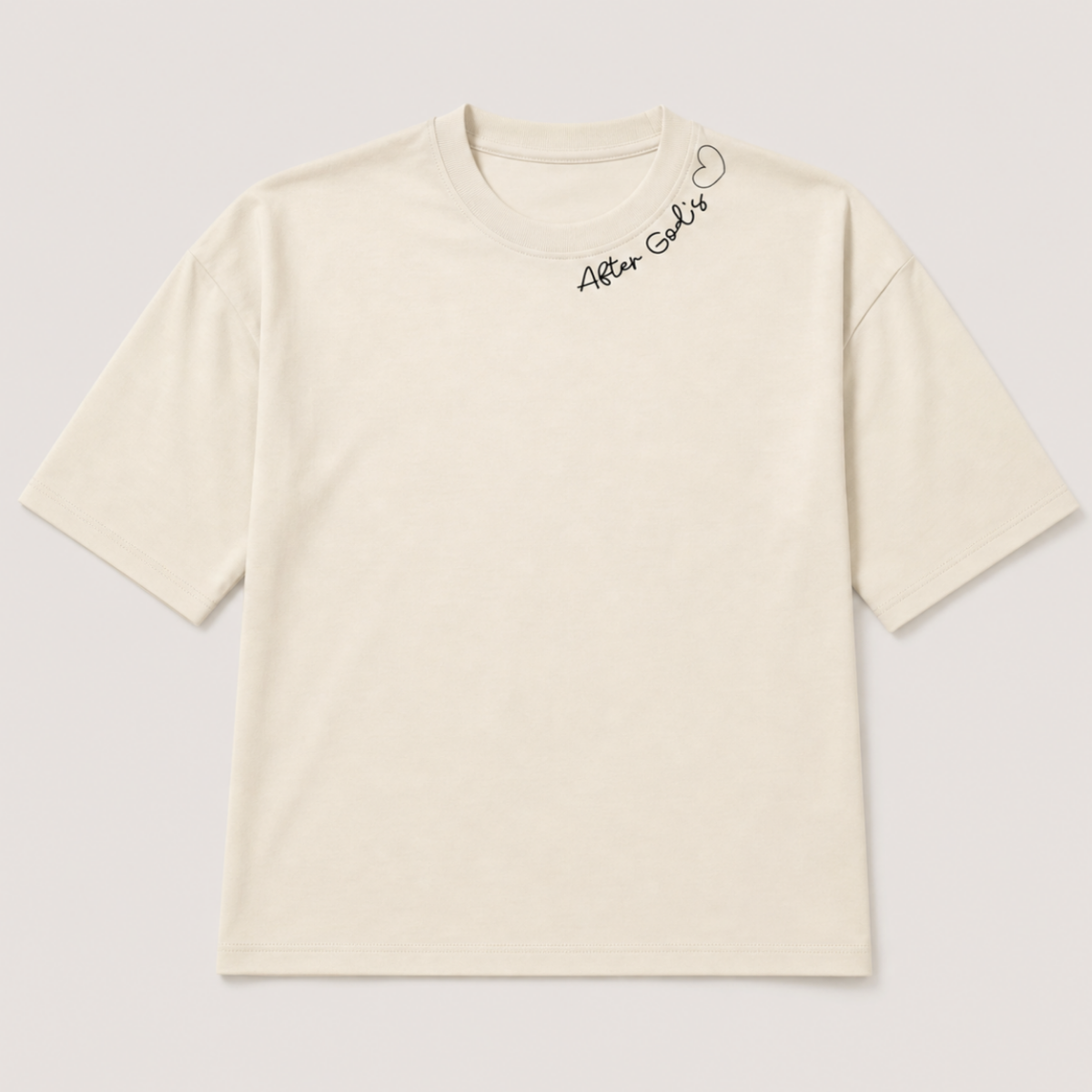 An off-white short-sleeve t-shirt with a small black script logo and heart outline on the upper right chest, displayed flat against a light gray background.