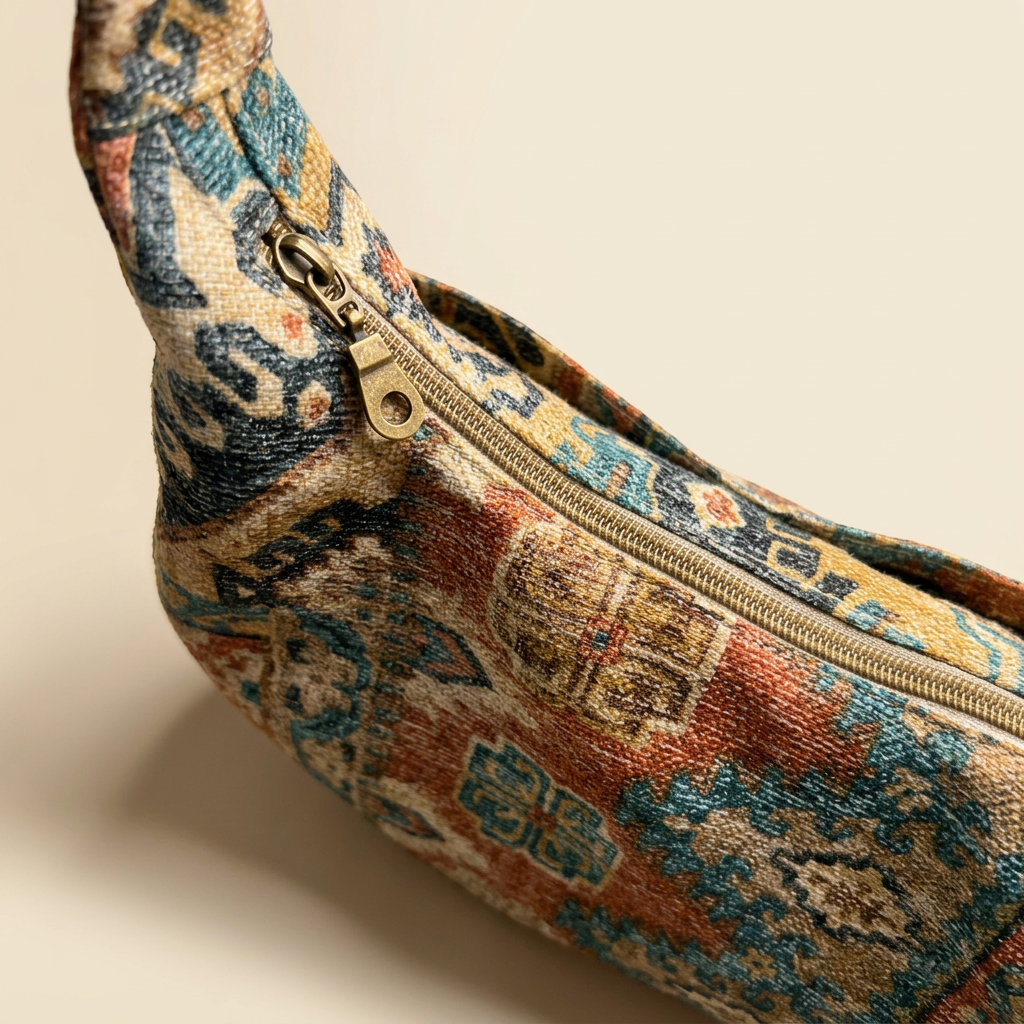 Patterned crescent bag with a zipper on a beige background