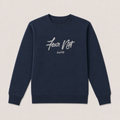 A navy blue crewneck sweatshirt with 'Fear Not' , displayed flat against a light beige background.