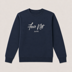 A navy blue crewneck sweatshirt with 'Fear Not' , displayed flat against a light beige background.