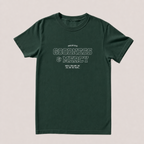 A dark forest green short-sleeve t-shirt with a distressed white graphic print on the front reading 'GOODNESS & MERCY' and 'Shall  FOLLOW me ALL of MY DAYS.