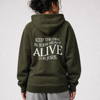 Person wearing a green hoodie with text on the back against a white background