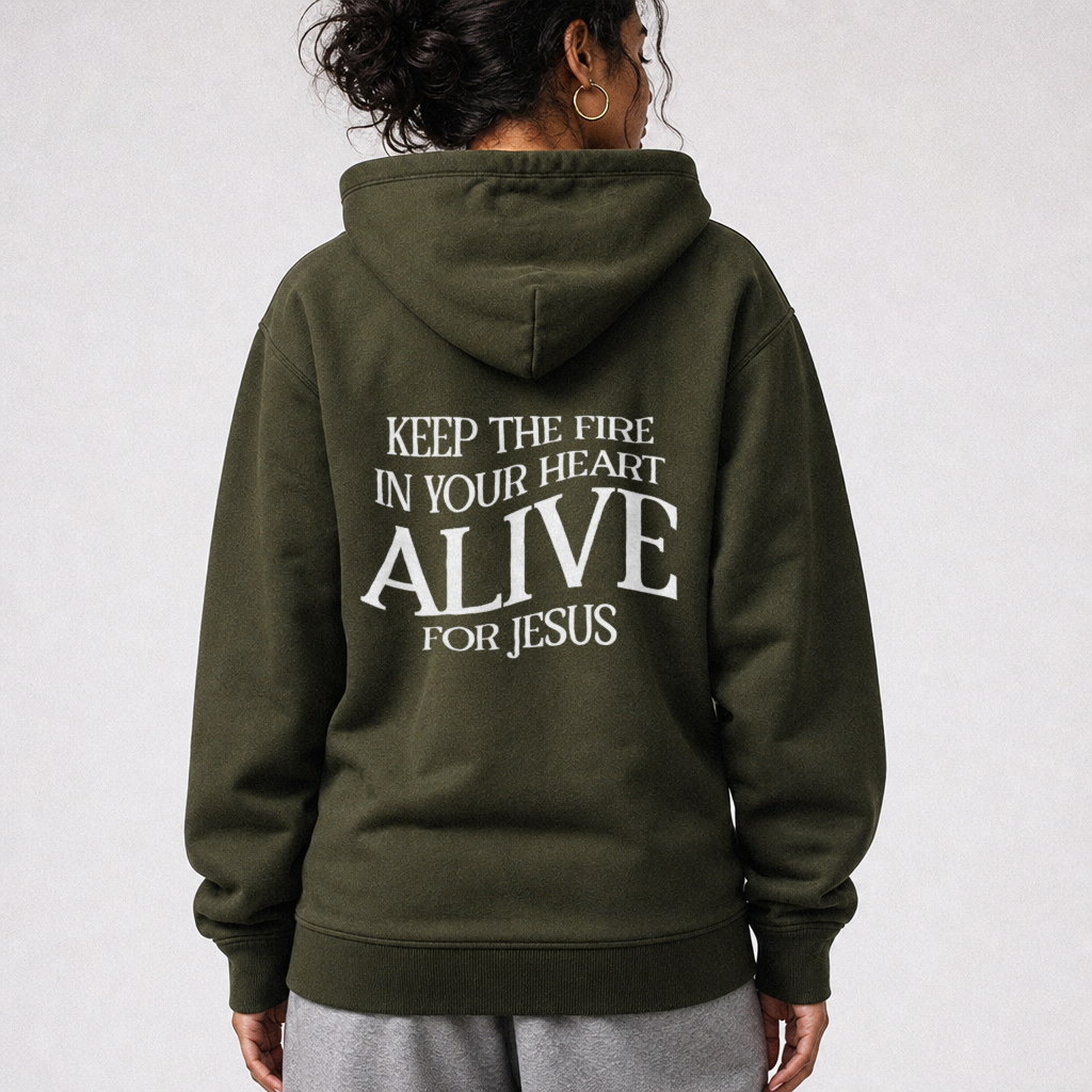 Person wearing a green hoodie with text on the back against a white background