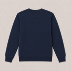 A plain navy blue crewneck sweatshirt laid flat against a light beige textured background.