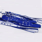 Blue and white ribbons with 'W.W.J.D.' text on a white background