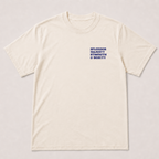 An off-white short-sleeve crewneck t-shirt with a small blue text graphic on the left chest reading 'SPLENDOR Majesty STRENGTH & BEAUTY', displayed flat against a light beige background.