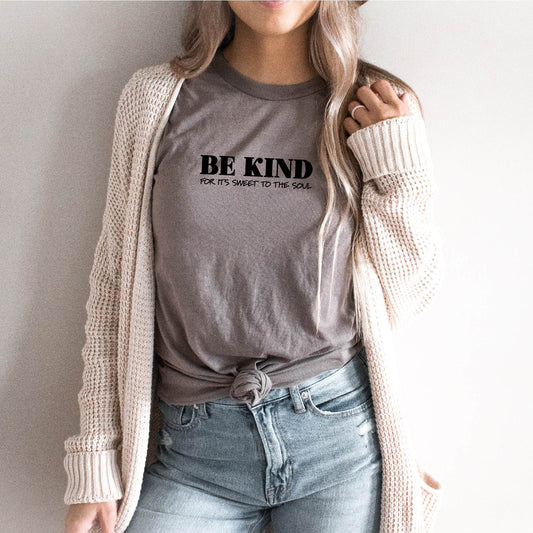 Be Kind T-Shirt with Raised Textured Design, Black Suede-Like Feel | 100% Airlume Combed Ring-Spun Cotton | Unisex Fit, Crew Neck | Size Down for True Fit | Comfortable and Kindness-inspired Apparel